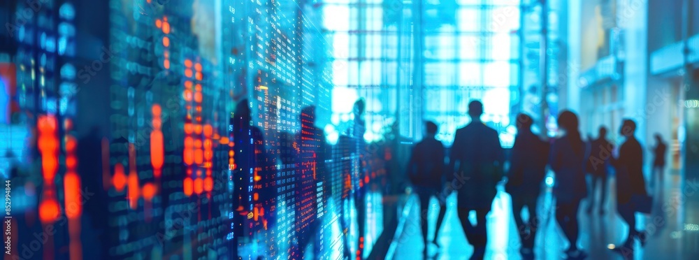 Silhouettes of People Walking Past a Wall of Stock Market Data Silhouettes of People Walking Past a Wall of Stock Market Data