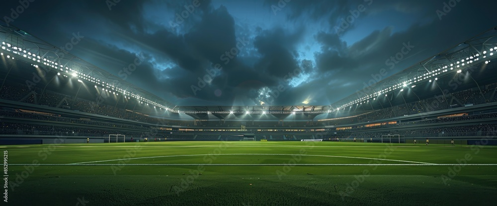 A Soccer Stadium During A Match Is Illuminated, Showcasing Its Green Field A Soccer Stadium During A Match Is Illuminated, Showcasing Its Green Field