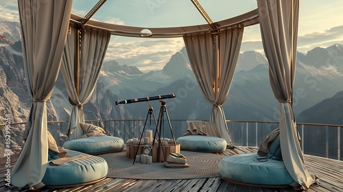 luxurious mountaintop gazebo with 360-degree views, equipped with telescopes for stargazing and soft, elegant furnishings for daytime relaxation or evening cocktails