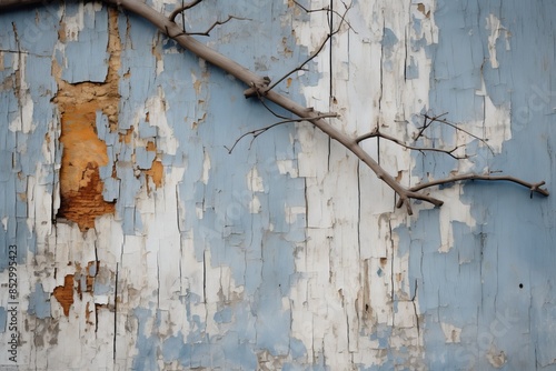 an old wooden wall with peeling paint and a tree branch photo