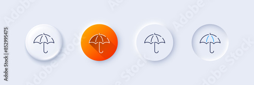 Umbrella line icon. Neumorphic, Orange gradient, 3d pin buttons. Rain defence sign. Safe insurance symbol. Line icons. Neumorphic buttons with outline signs. Vector