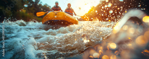 A group of friends white-water rafting down a thrilling river, navigating rapids and enjoying the adrenaline rush.