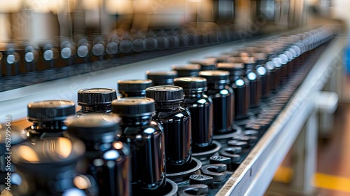 Pharmaceutical manufacturing line producing bottles of pills for medical treatment