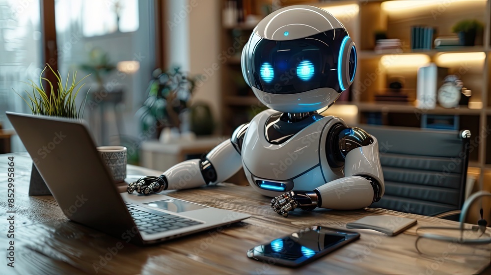 White robot sitting at desk and working on laptop in modern office White robot sitting at desk and working on laptop in modern office