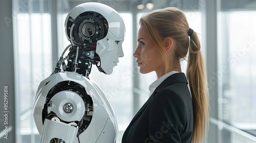 Businesswoman standing face to face with a robot looking at each other