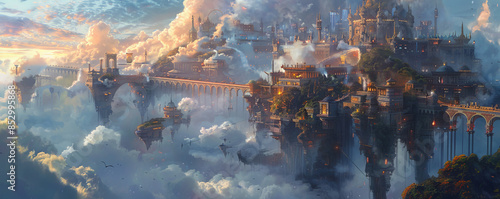 A fantastical floating city hovers above the clouds, connected by bridges and pathways adorned with intricate designs.
