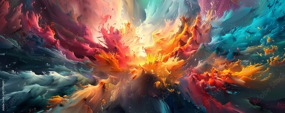 A burst of vibrant colors exploding across a canvas, creating a sense of chaotic energy.
