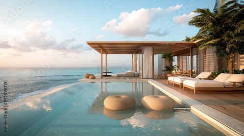 luxury beachfront cabana with a private sun deck, minimalist decor, and an infinity edge pool that blends seamlessly with the ocean horizon photo