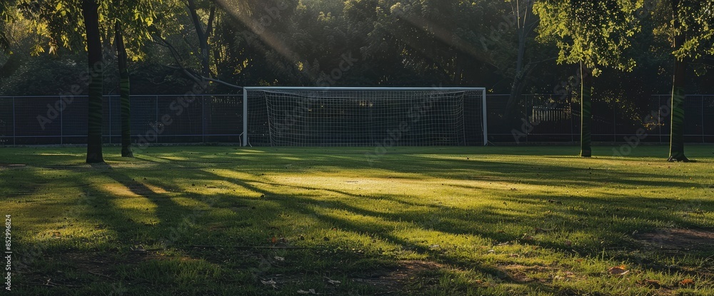 A Peaceful Green Football Field, With Shadows Cast Long By The Goalposts As Daylight Starts To Wane A Peaceful Green Football Field, With Shadows Cast Long By The Goalposts As Daylight Starts To Wane