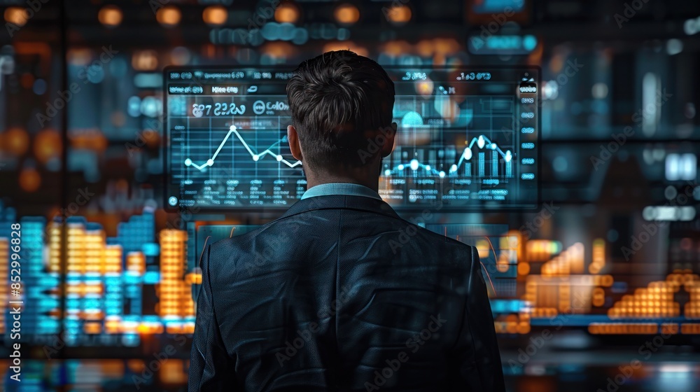 Businessman Analyzing Financial Data on Screens Businessman Analyzing Financial Data on Screens