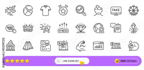 Quick tips, Ranking star and Diamond line icons for web app. Pack of Depression treatment, Pie chart, Ice cream pictogram icons. Fish school, Arena stadium, Online accounting signs. Search bar. Vector