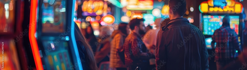 Excited crowd gathered around a slot machine in a bustling casino Excited crowd gathered around a slot machine in a bustling casino