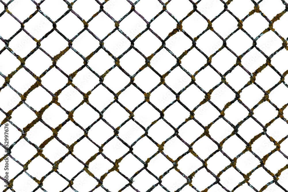 The texture of the metal mesh on a white background. Torn steel, metal mesh with holes The texture of the metal mesh on a white background. Torn steel, metal mesh with holes
