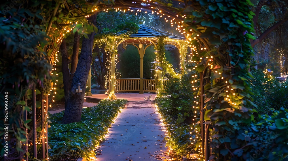 magical garden path illuminated by solar-powered lights, leading to a hidden gazebo that's draped in ivy and fairy lights, creating a romantic getaway magical garden path illuminated by solar-powered lights, leading to a hidden gazebo that's draped in ivy and fairy lights, creating a romantic getaway