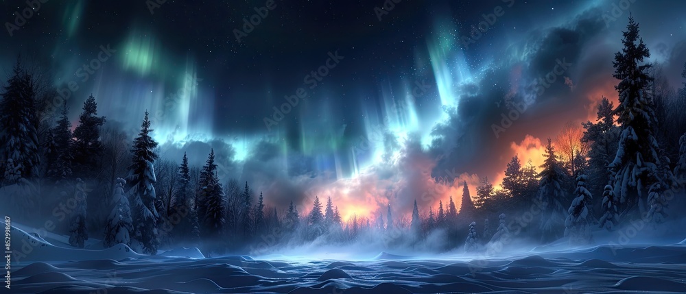 Aurora Borealis Dance: Vibrant Green and Purple Lights Illuminating Snowy Forest Under Celestial Night Sky Aurora Borealis Dance: Vibrant Green and Purple Lights Illuminating Snowy Forest Under Celestial Night Sky