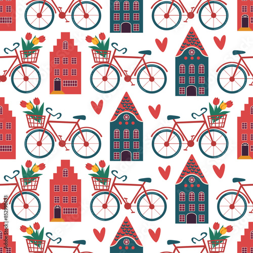 vector seamless pattern with typical dutch houses, bicycles and tulips, Holland, Netherlands.2