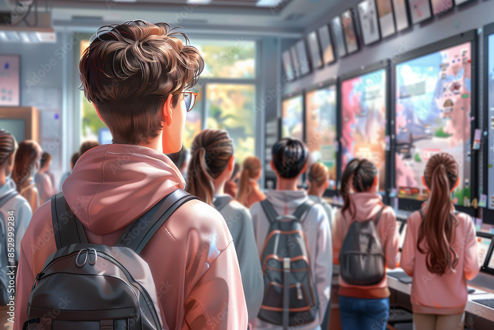 Male Student with Backpack in High-Tech Classroom, AI Generation Male Student with Backpack in High-Tech Classroom, AI Generation