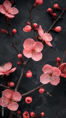 Close-up of delicate pink cherry blossoms with dark background, showcasing nature's beauty and elegance. Perfect for floral backgrounds. © Parinwat Studio
