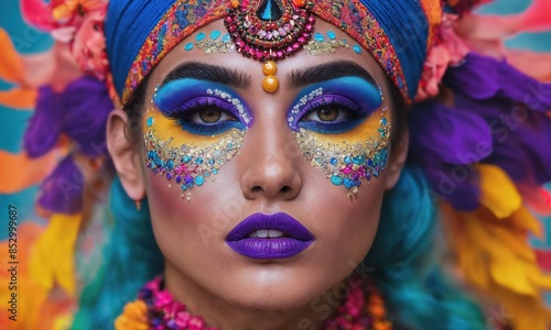 a woman with intricate and vibrant makeup inspired by Indian or South Asian cultural styles. Her eyes are adorned with shimmering blues, purples, and greens, while her lips are a bold purple shade.