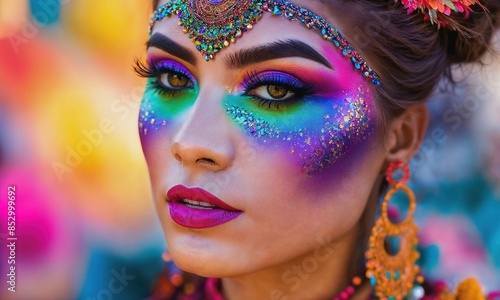 a woman with intricate and vibrant makeup inspired by Indian or South Asian cultural styles. Her eyes are adorned with shimmering blues, purples, and greens, while her lips are a bold purple shade.