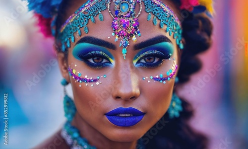 a woman with intricate and vibrant makeup inspired by Indian or South Asian cultural styles. Her eyes are adorned with shimmering blues, purples, and greens, while her lips are a bold purple shade.