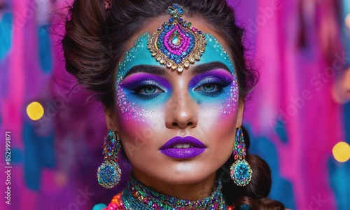 a woman with intricate and vibrant makeup inspired by Indian or South Asian cultural styles. Her eyes are adorned with shimmering blues, purples, and greens, while her lips are a bold purple shade.