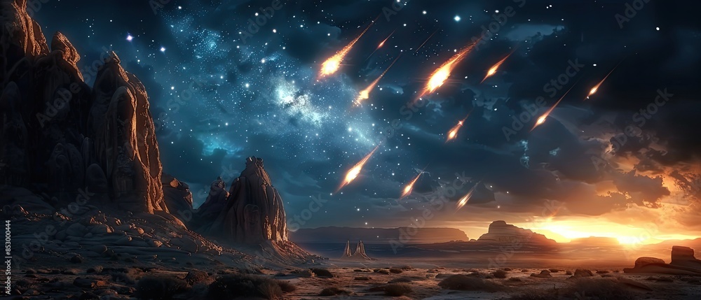 Stunning Meteor Shower in Remote Desert: Hyper-realistic Astrophotography of Bright Streaks Illuminating the Night Sky