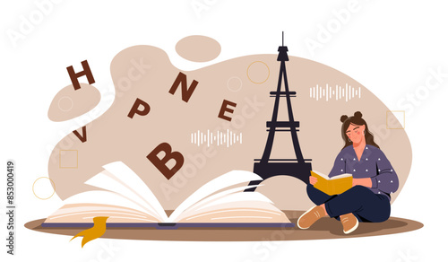 Teaching French concept. Woman sits with book against backdrop of Eiffel Tower. Education and learning. Cartoon flat vector illustration isolated on white background