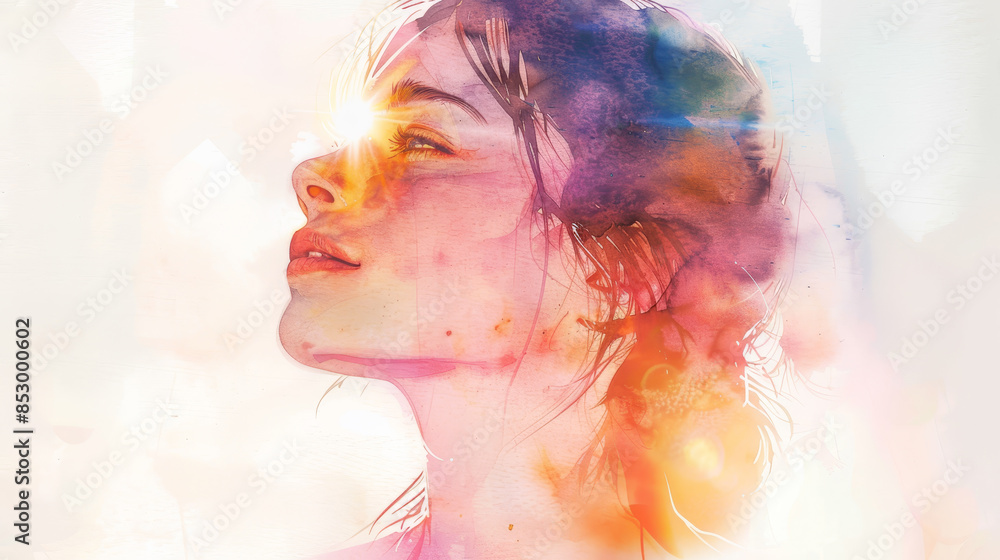 A woman with a bright smile and a colorful head A woman with a bright smile and a colorful head