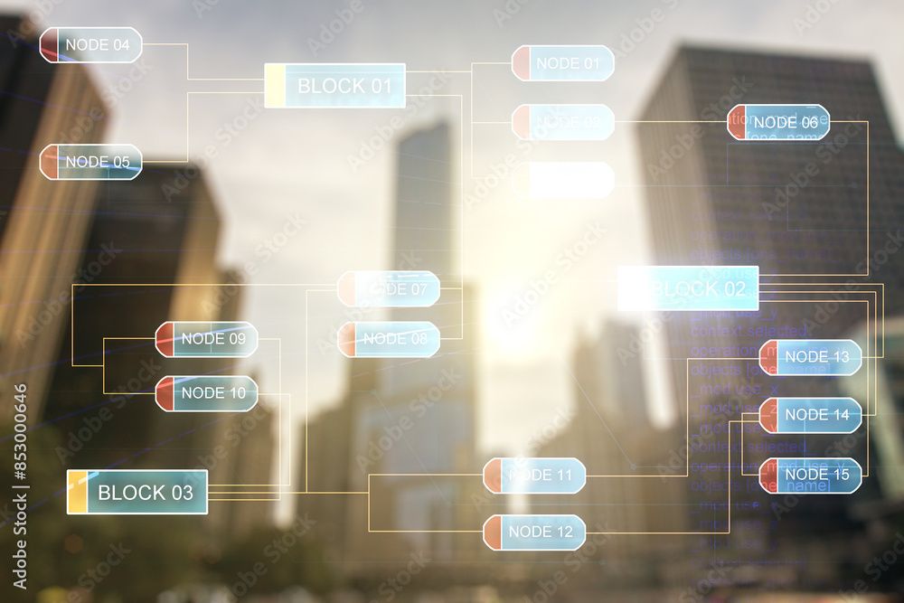 Multi exposure of abstract programming language hologram on blurry cityscape background, artificial intelligence and machine learning concept Multi exposure of abstract programming language hologram on blurry cityscape background, artificial intelligence and machine learning concept