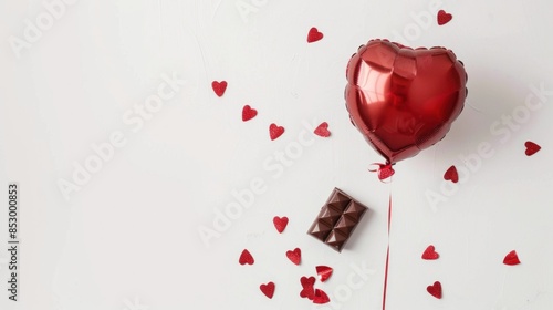 Red Heart Balloon and Chocolate on White Background