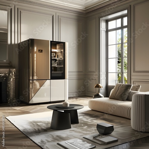 Modern living room interior with fireplace, featuring contemporary design and elegant architecture, in a spacious, luxurious setting