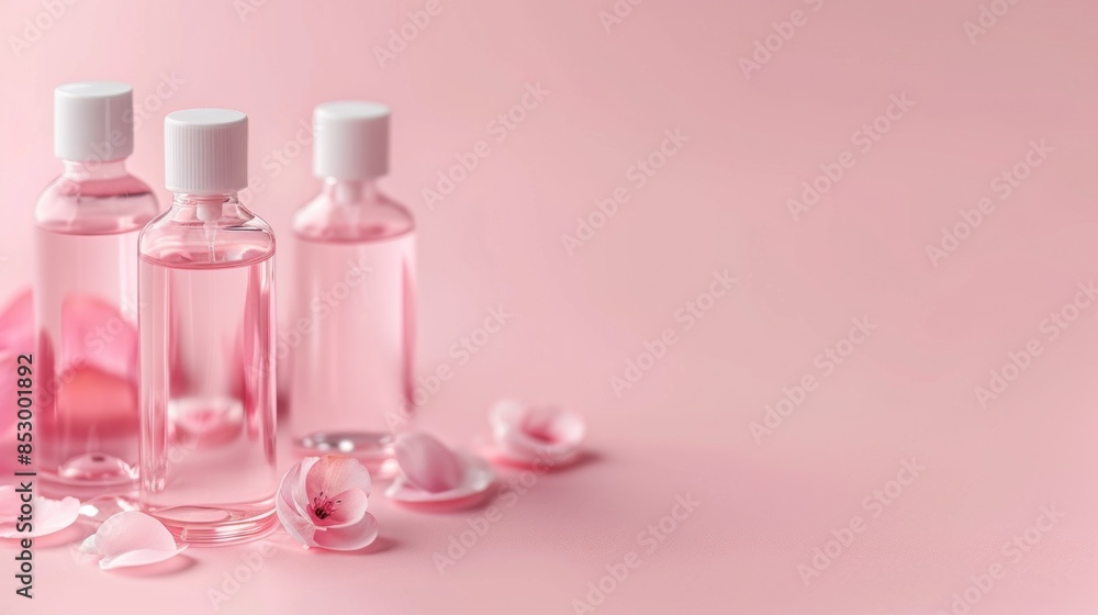 Pink Bottles and Petals on a Pastel Pink Background Pink Bottles and Petals on a Pastel Pink Background