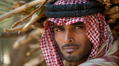 Close-up Portrait of a Middle Eastern Man Wearing a Traditional Keffiyeh photo