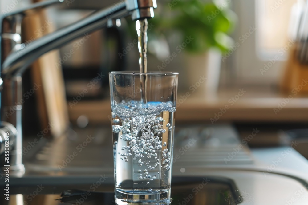 Pouring fresh drinking water from kitchen faucet into glass for healthy hydration Pouring fresh drinking water from kitchen faucet into glass for healthy hydration