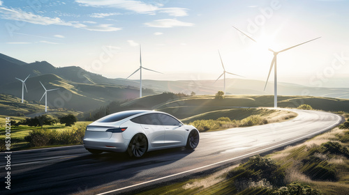 Electric car driving on the road with green field wind turbine background. Electric vehicle green energy environmental conservation concept.