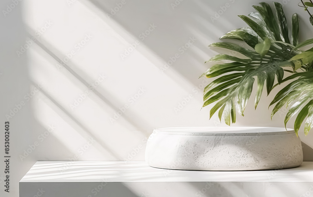 A white pedestal with a plant on top of it A white pedestal with a plant on top of it