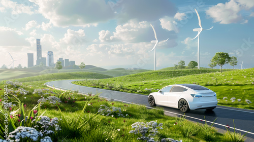 Electric car driving on the road with flower field wind turbine and city buildings background. Electric vehicle green energy environmental conservation concept.