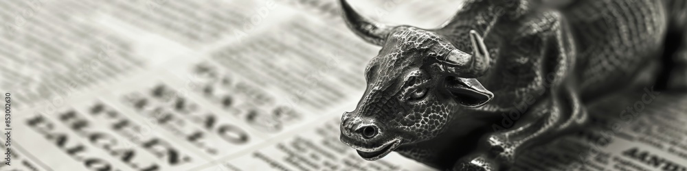 Fototapeta premium Newspaper Bull Market Headlines and Media, Initiating Quantitative Easing and Central Bank Rate Cuts to Stimulate Economy and Stock Market Recovery, Wide Banner Design Featuring Bull Market, Cryptocur