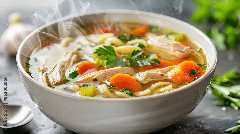 Photograph of a bowl of steaming chicken noodle soup, with tender chicken, flavorful broth, and colorful vegetables, Photograph of a bowl of steaming chicken noodle soup, with tender chicken, flavorful broth, and colorful vegetables,