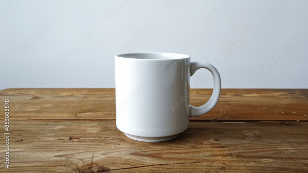 White Ceramic Mug Mockup on Wooden Table and White Background: White Blank Coffee Cup Mockup for Branding, Product Display, and Design Showcase - Minimalist Design with Copy Space White Ceramic Mug Mockup on Wooden Table and White Background: White Blank Coffee Cup Mockup for Branding, Product Display, and Design Showcase - Minimalist Design with Copy Space