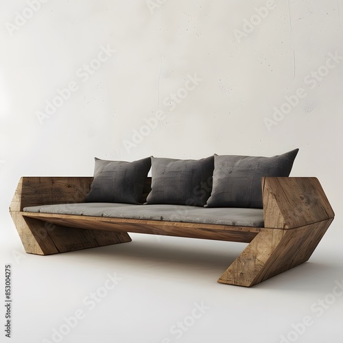 Wooden sofa with black cushions in a white room