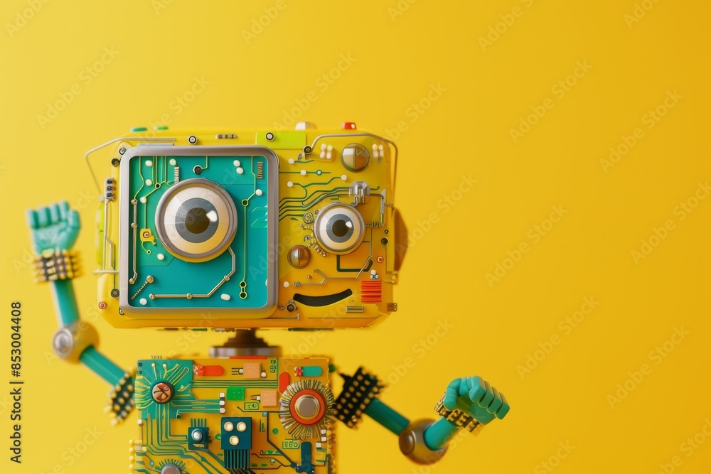 A robot with red hands and a yellow face is standing on a yellow background A robot with red hands and a yellow face is standing on a yellow background
