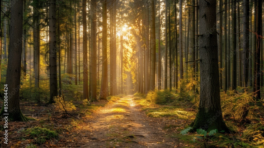 Sunlit forest path high quality image of trees with sun reflecting on path in forest Sunlit forest path high quality image of trees with sun reflecting on path in forest
