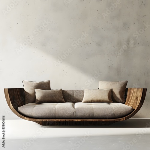 Wooden sofa, white cushions, loft style room
