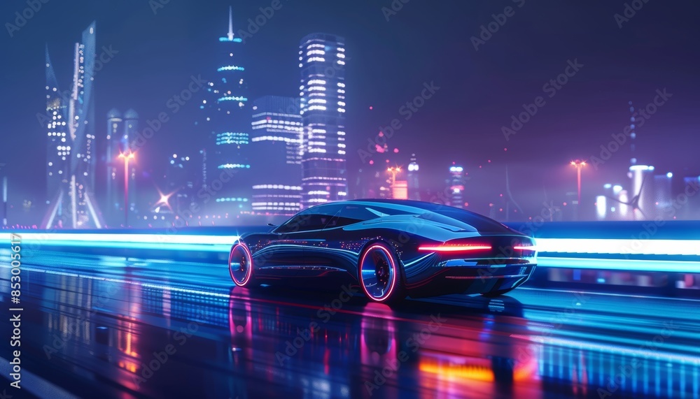 Electric autonomous vehicle driving in modern city at night with futuristic car software technology Electric autonomous vehicle driving in modern city at night with futuristic car software technology