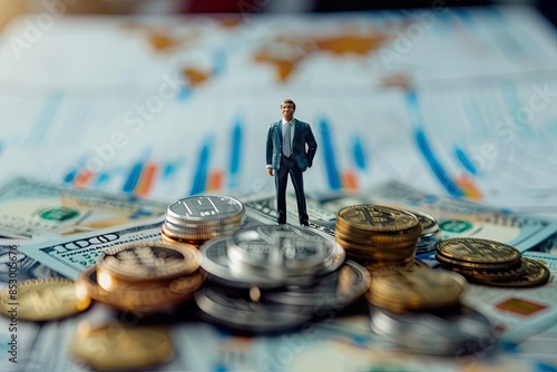 Miniature Businessman with Coins and Graphs