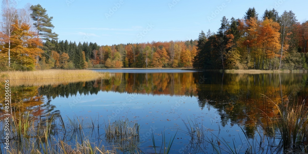 Fototapeta premium The image shows a beautiful lake in the middle of a forest