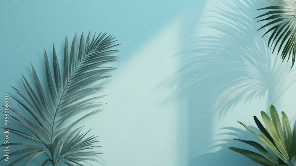 Fototapeta premium Palm leaf shadow on the blue wall, dreamy summer background.