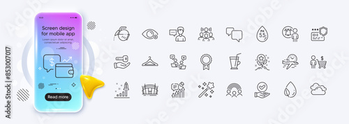 Loyalty points, Approved checkbox and Buying house line icons for web app. Phone mockup gradient screen. Pack of Farsightedness, Flight time, Arena stadium pictogram icons. Vector